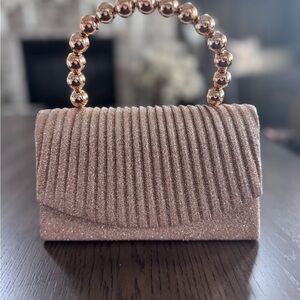 Glitter Gold Glamorous Pleated Evening Handbag with Beaded Handle